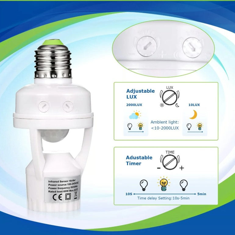 Smart Motion Sensor Light & E27 Bulb Holder – 360° Infrared Detection