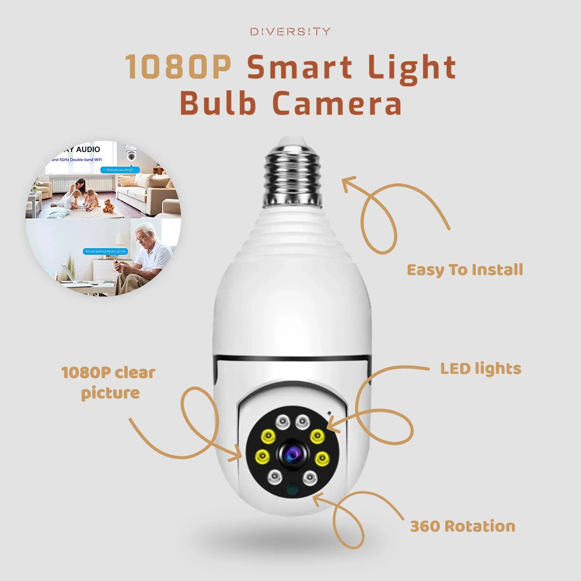 1080P Smart Light Bulb Camera with features highlighted on a light gray background