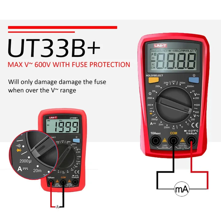 UNI-T UT33B+ Digital Multimeter - AC/DC Voltage Current Resistance Tester with Fuse Protection