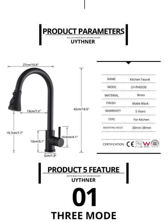 Sleek Black Pull Down Kitchen Faucet - 360° Rotating Spout, 3 Spray Modes