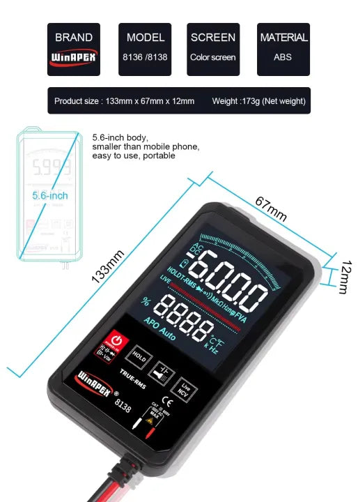 WinAPEX ET8136 Smart Touch Screen Digital Multimeter with NCV - Voltage, Current, Resistance Tester