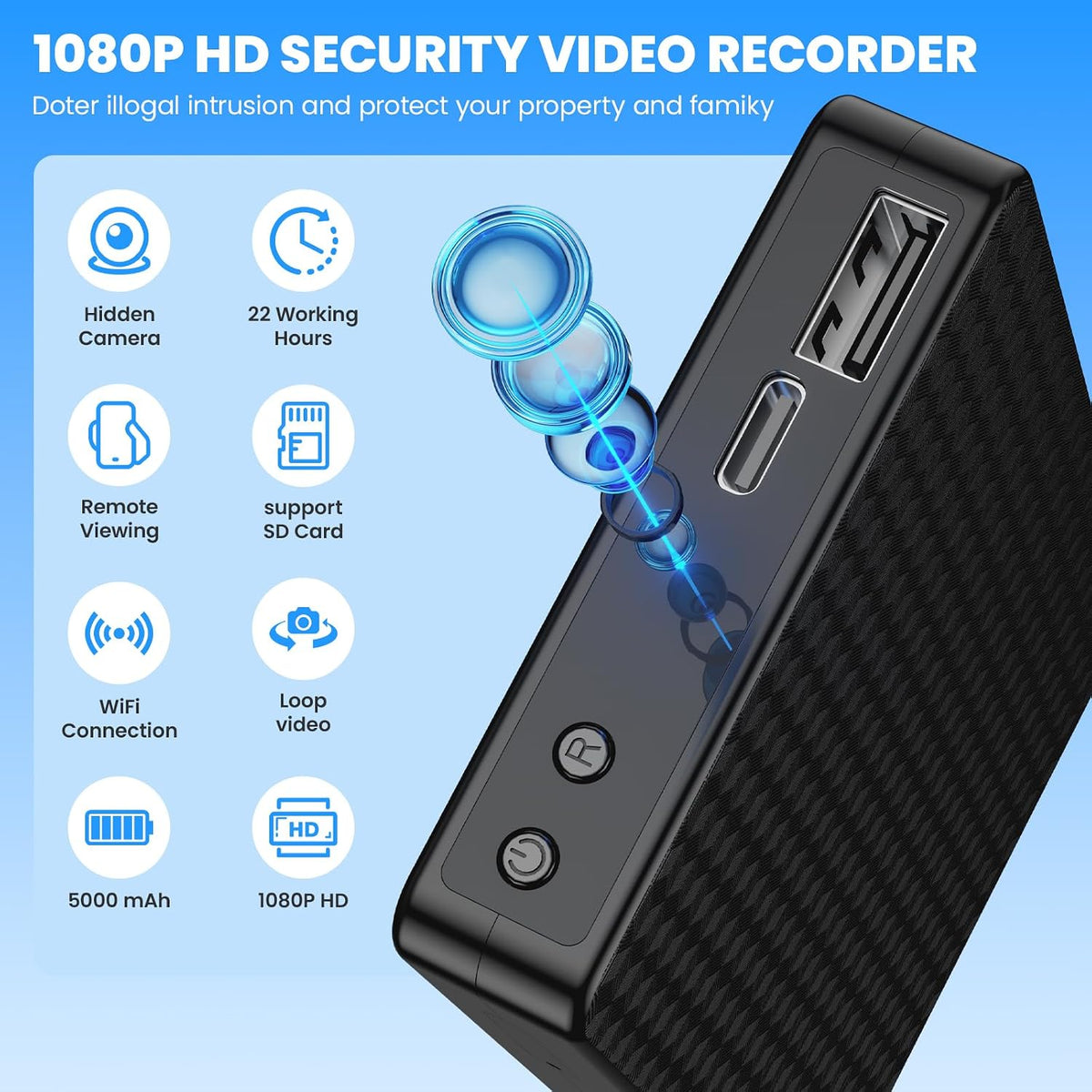 RUDLDA Power Bank WiFi Spy Camera, 5000mAh 22 Hour Use