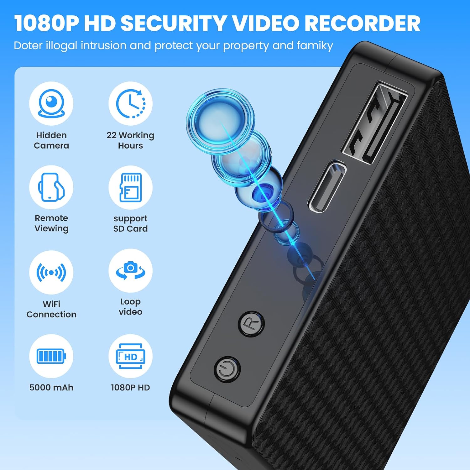 RUDLDA Power Bank WiFi Spy Camera, 5000mAh 22 Hour Use