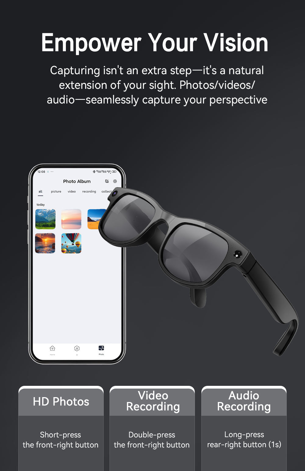 G2 Smart AI Photo Glasses with IP67 Waterproof and 32GB