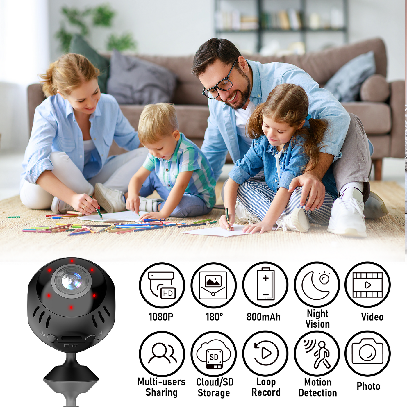 1080P Mini Wireless Camera – 180° Wide Angle, Night Vision, 800mAh