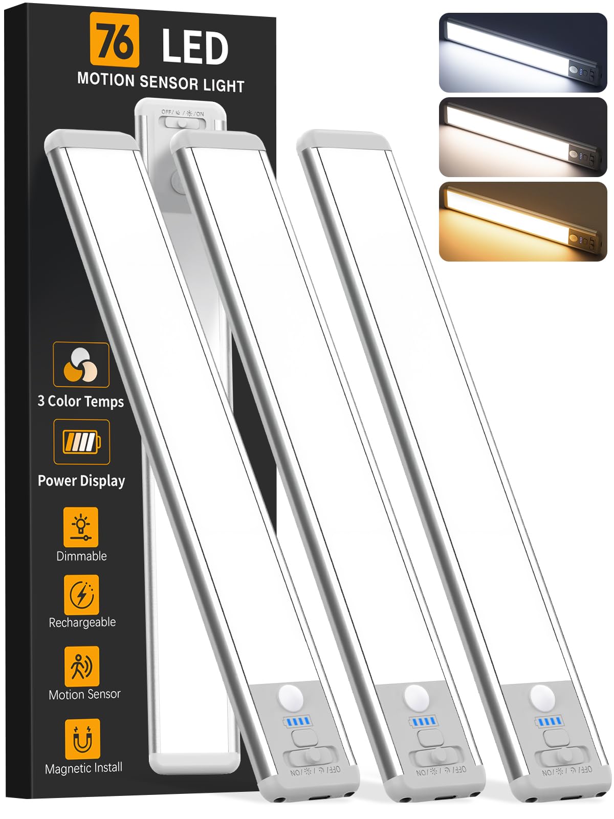 3pack 10inch motion sensor under cabinet lighting front angle product