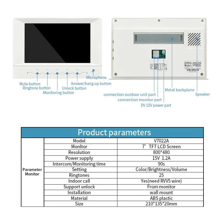 7-inch Wired Video Doorbell Intercom System - Monitor with Unlock Function