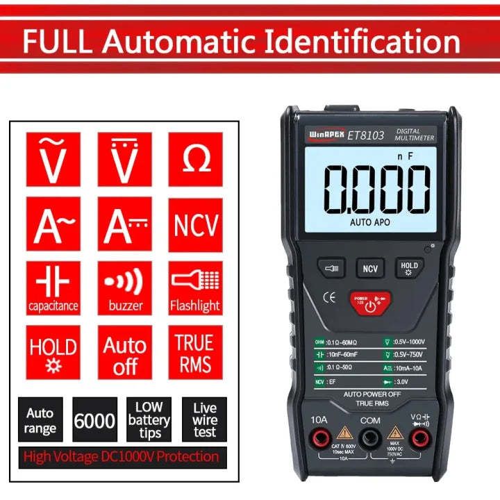 WinAPEX ET8103 Smart Digital Multimeter - Auto Range, AC/DC Voltage Current Resistance