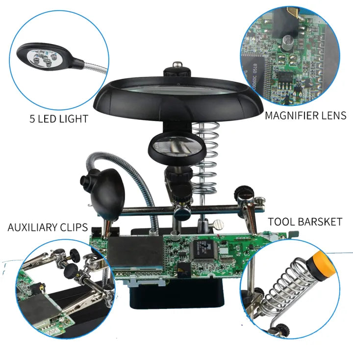 TE-800 Helping Hand Soldering Stand with Magnifying Glass & LED