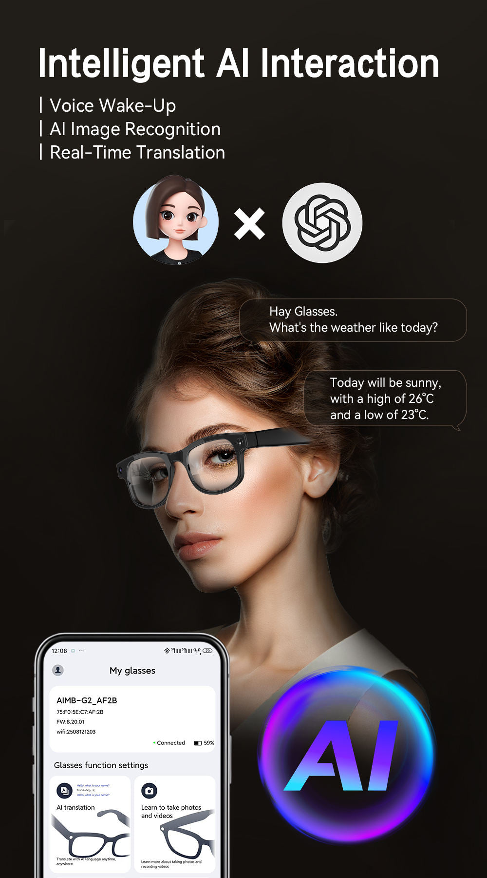 G2 Smart AI Photo Glasses with IP67 Waterproof and 32GB