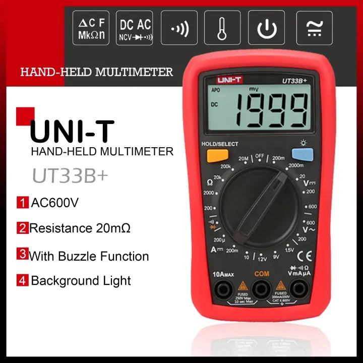 UNI-T UT33B+ Digital Multimeter - AC/DC Voltage Current Resistance Tester with Fuse Protection