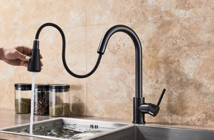 Sleek Black Pull Down Kitchen Faucet - 360° Rotating Spout, 3 Spray Modes