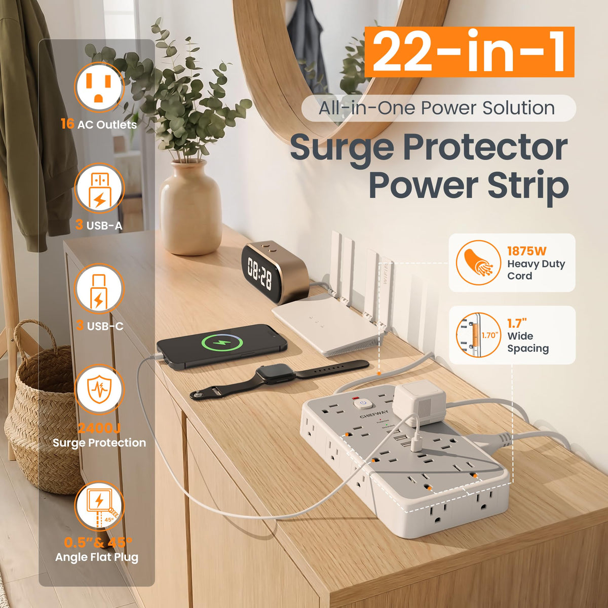 6 FT Surge Protector Power Strip rear design | Smaronics