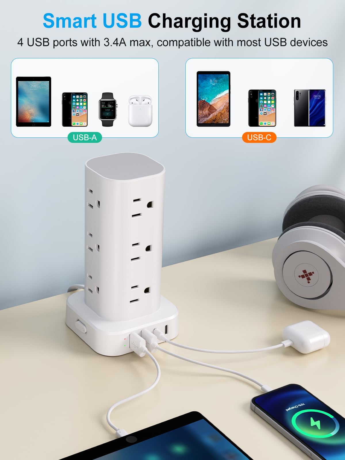 6ft power strip tower surge protector feature close up view | Smaronic