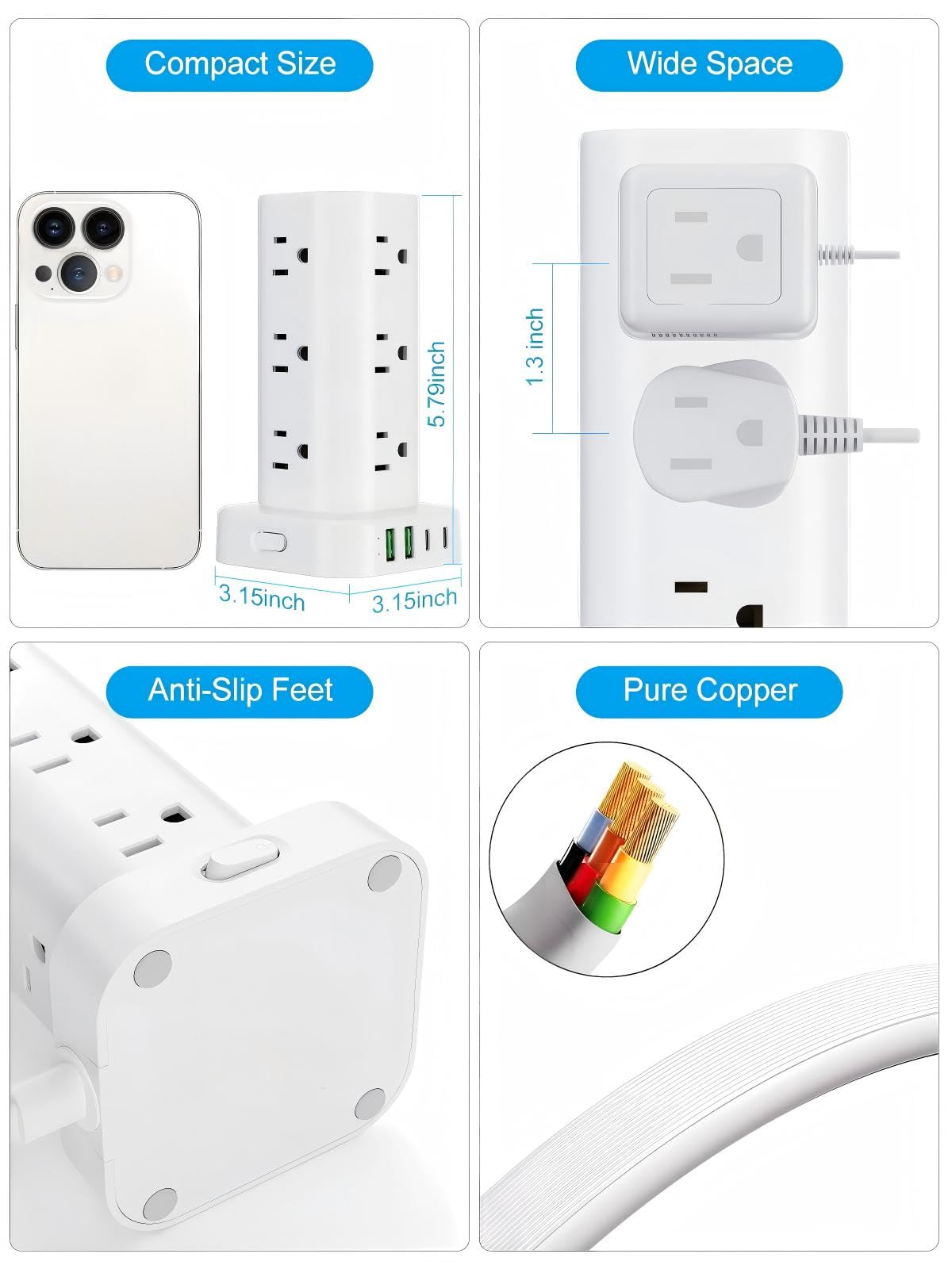 6ft power strip tower surge protector package contents view | Smaronic