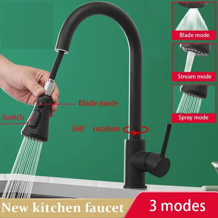 Sleek Black Pull Down Kitchen Faucet - 360° Rotating Spout, 3 Spray Modes
