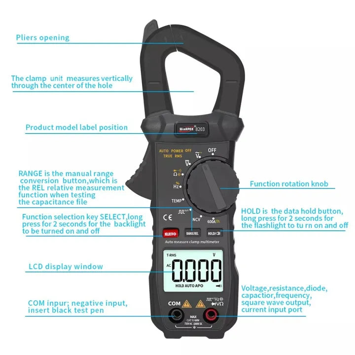 WinAPEX 8203 Mini Digital Clamp Meter - AC/DC Current Voltage, NCV, Temperature