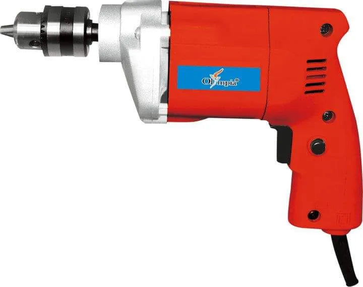 An Olympia 10mm drill machine (red and silver) on a white background, ready for use.
