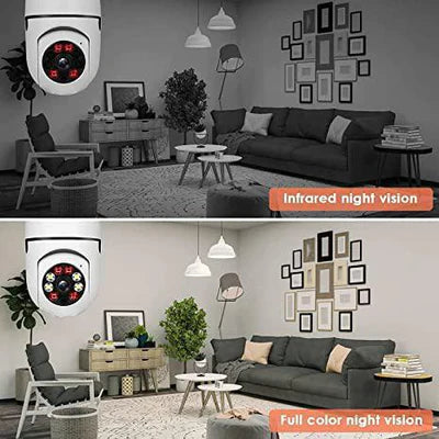 Living room with a smart security CCTV bulb camera showing infrared and full color night vision capabilities.