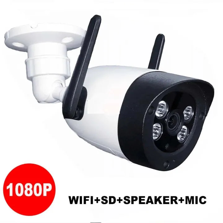 White bullet security cam with black accents on a white background, featuring 1080P, WiFi, SD, speaker, and mic capabilities.