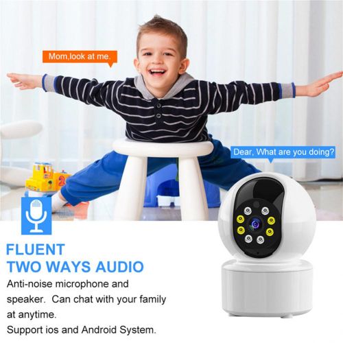 Smart CCTV surveillance camera Monitoring Child sitting on a stool with a robot toy in front, featuring text about two-way audio capabilities.