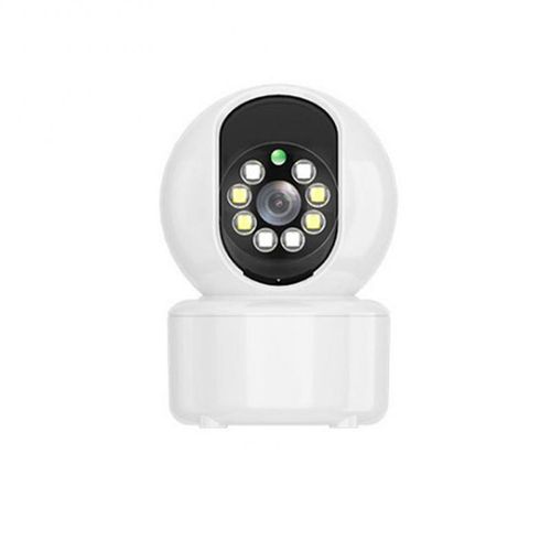 White  indoor home security camera with LED infrared lights on a white background