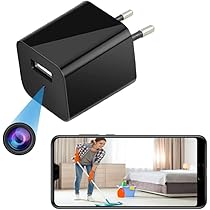 Black USB adapter Secret Camera with a smartphone displaying a video of a person in a room.