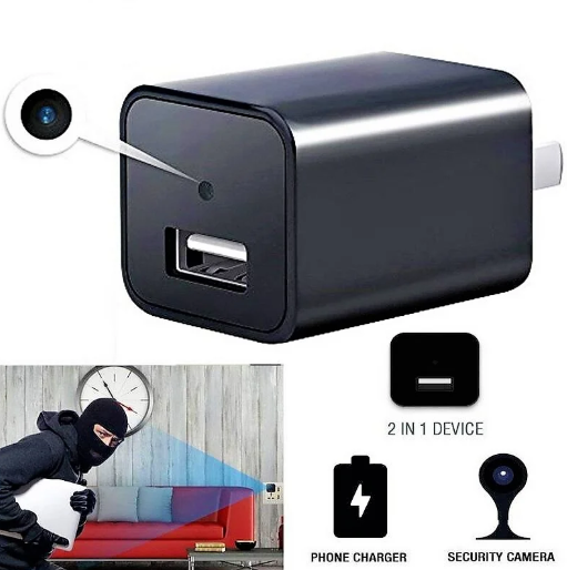 Black USB charger with Mini Hidden security camera feature, showing a burglar and home invasion graphic.