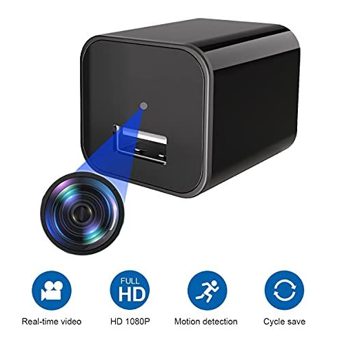 Black security camera with USB port on a white background Displaying its Features.