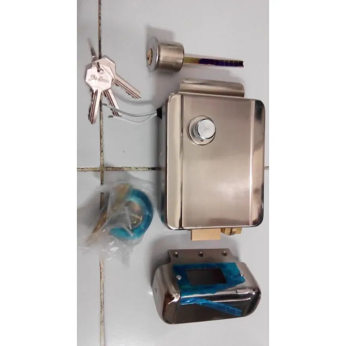 Components of a main door lock system, including the lock unit, keys, and accessories.

