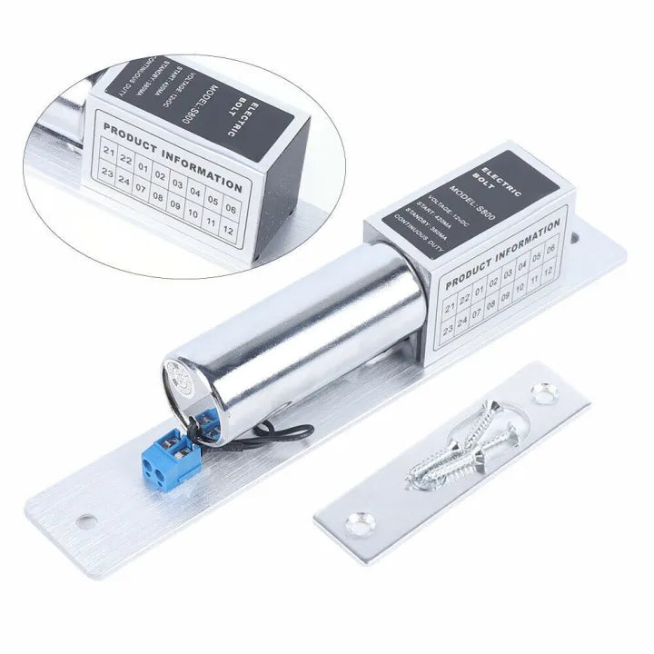 Components of an Electric Bolt Lock (Model S800), showing product information and wiring.

