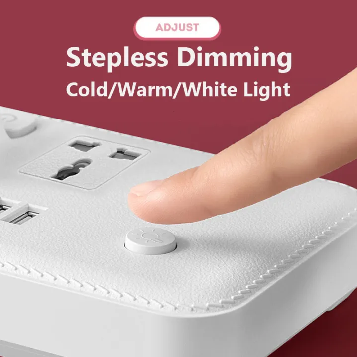 White desk lamp base showing a finger pressing the stepless dimming button for various light temperatures