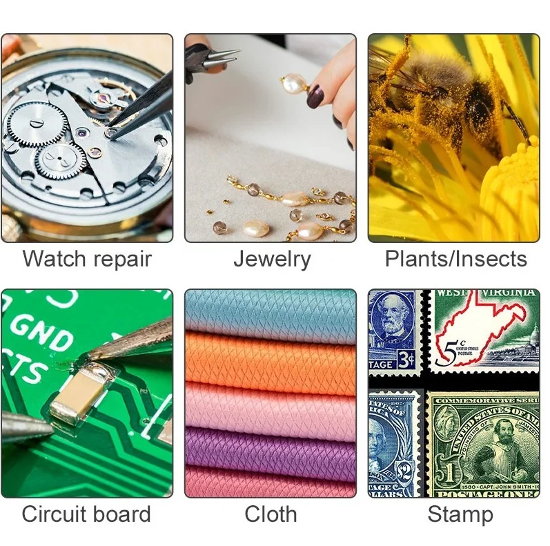 Collage of images including watch repair, jewelry, plants/insects, circuit board, cloth, and stamps. Captured by USB digital microscope with LCD.