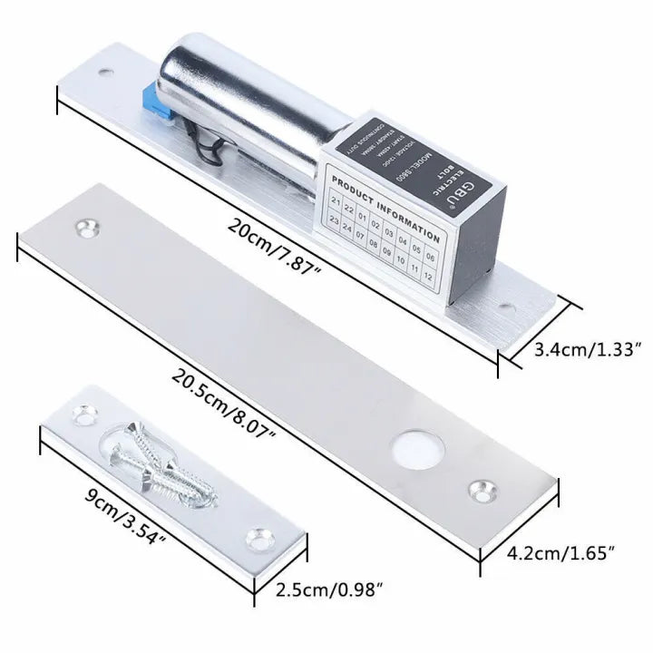 Dimensions and parts of the Electric Bolt Lock and its strike plate for easy installation.

