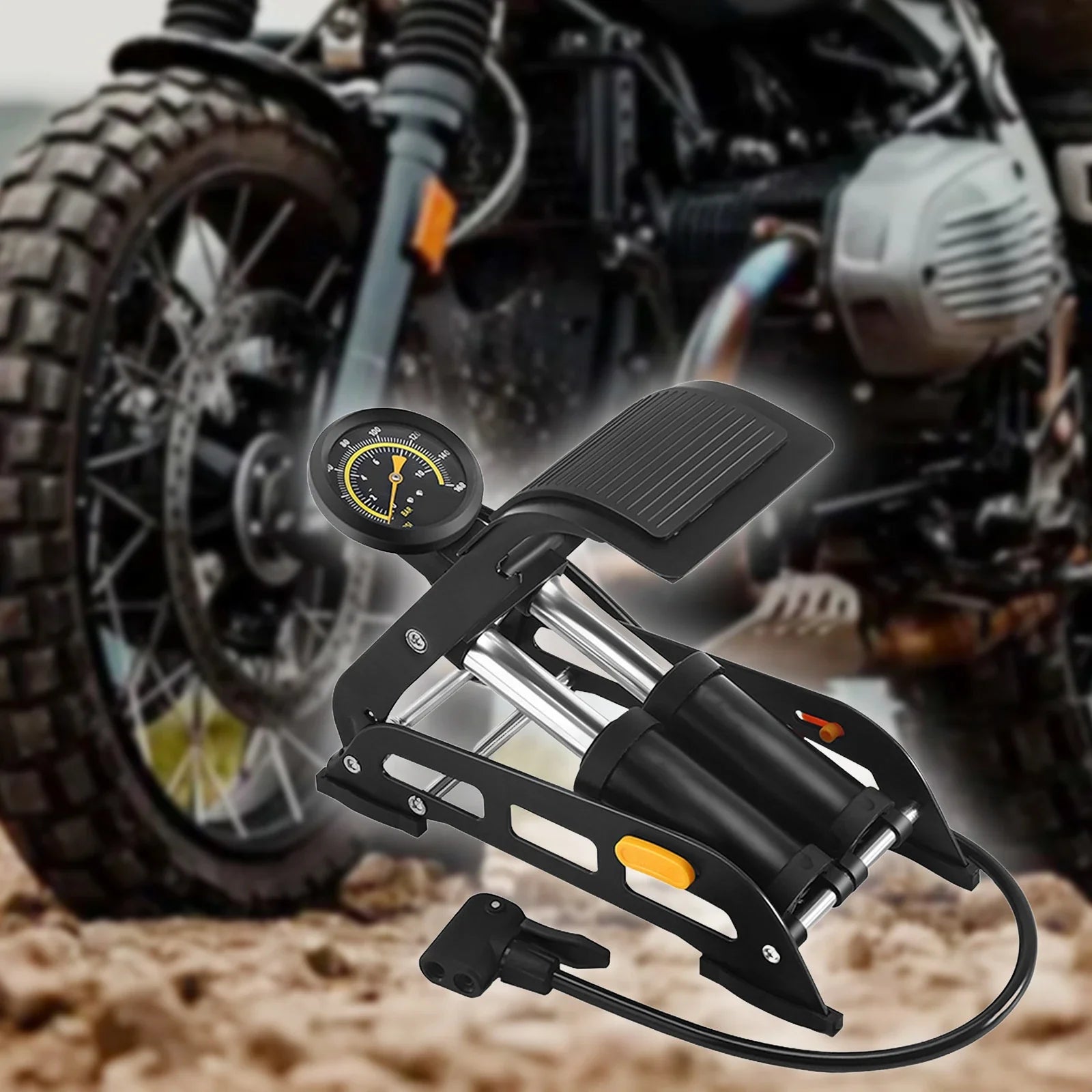 Professional using double cylinder foot pump car air pump to inflate motorcycle tire showing heavy duty construction and stability