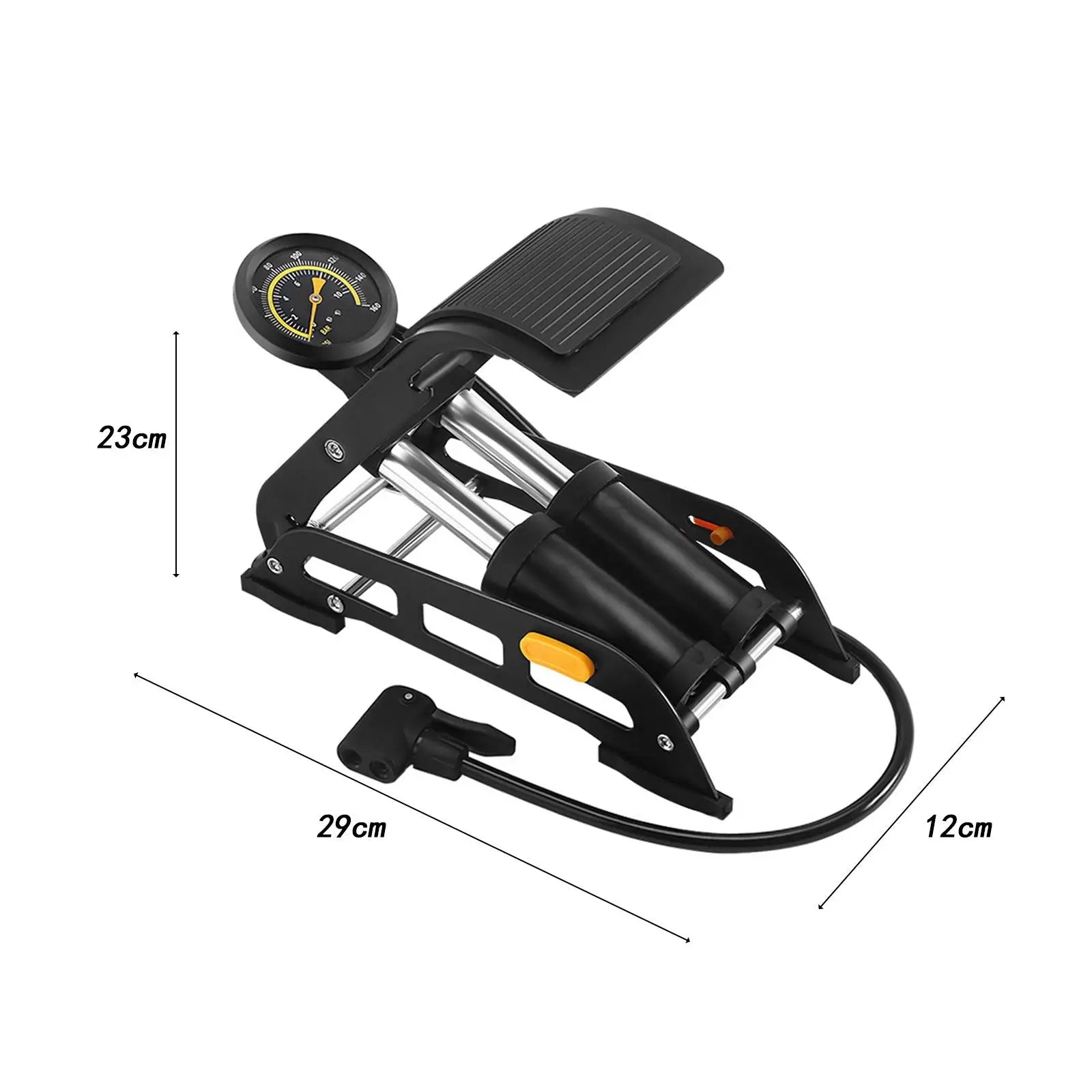 Double cylinder foot pump dimensions 29cm x 23cm x 12cm heavy duty air pump with gauge showing compact portable size for car tire inflation