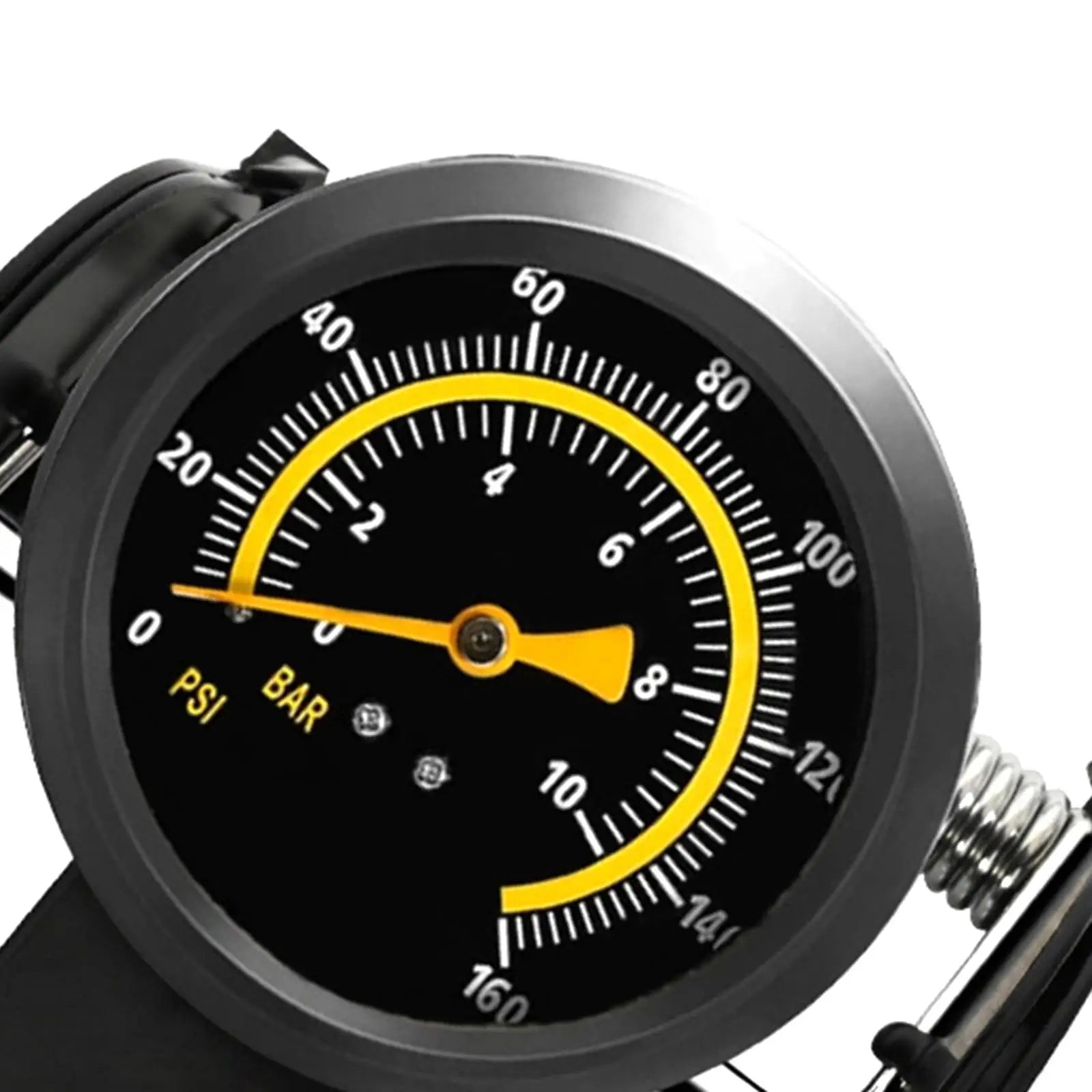 Close up view of double cylinder foot pump pressure gauge showing PSI and BAR measurements with color coded zones for tire pressure monitoring