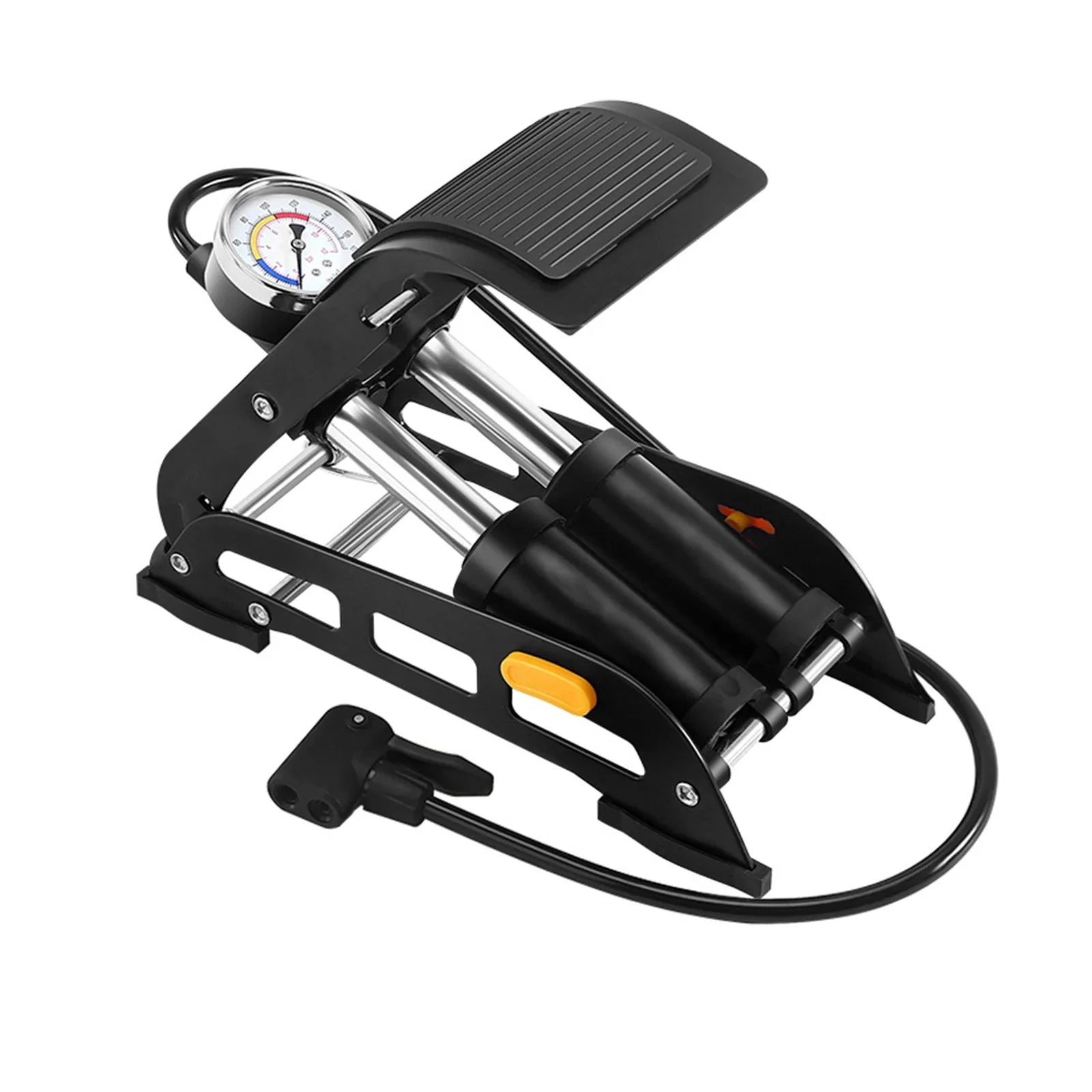 Complete double cylinder foot pump portable air pump with black base, steel cylinders, pressure gauge and yellow release button for tire inflation