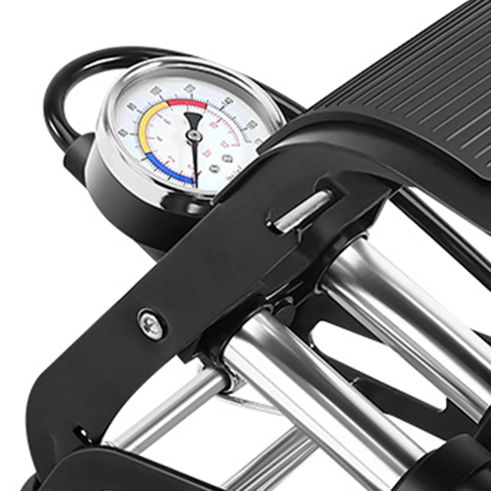 Detailed view of double cylinder foot pump air pressure gauge with yellow needle showing accurate PSI BAR readings for car tire pressure pump