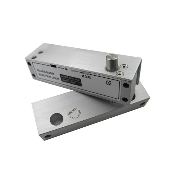 A silver "GLASS DOOR ELECTRIC LOCK" device, designed for secure door handle with lock applications.

