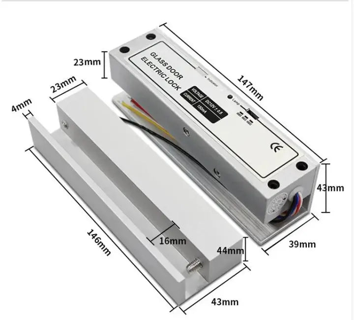 Dimensions and components of the "GLASS DOOR ELECTRIC LOCK," indicating its size and parts for installation as a glass door lock.
