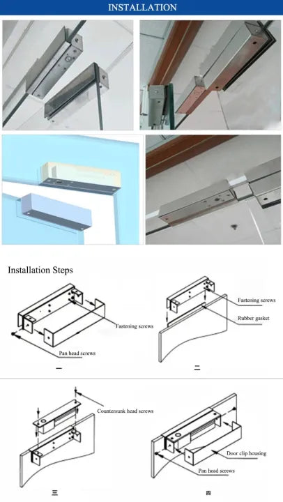 Installation guide for an electric lock for gate on various glass door types.

