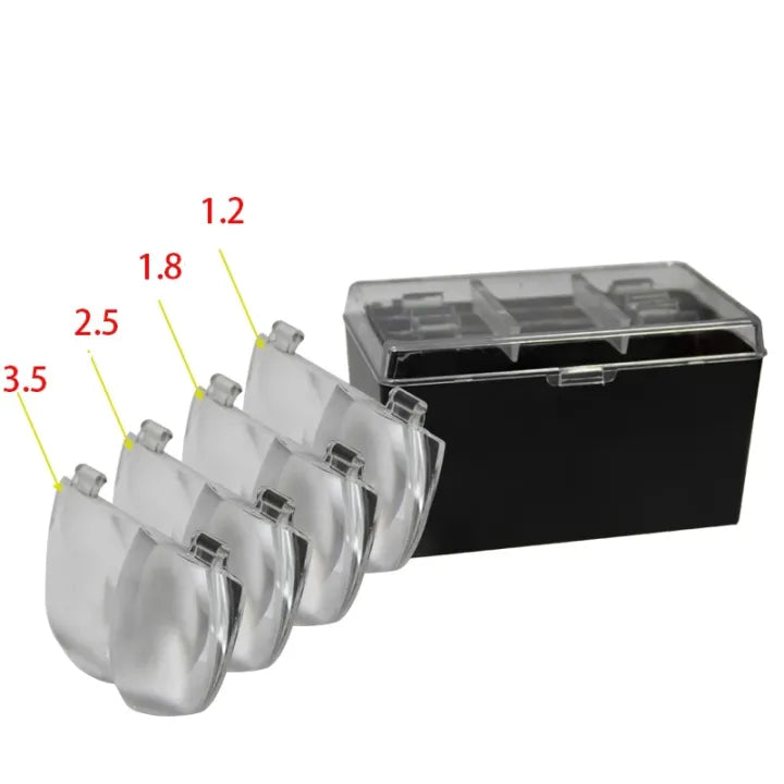 Set of  Magnifying Lens with sizes labeled next to a black storage case on a white background