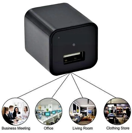 Black Charger hidden camera with USB port, shown uses with icons of a business meeting, office, living room, and clothing store.