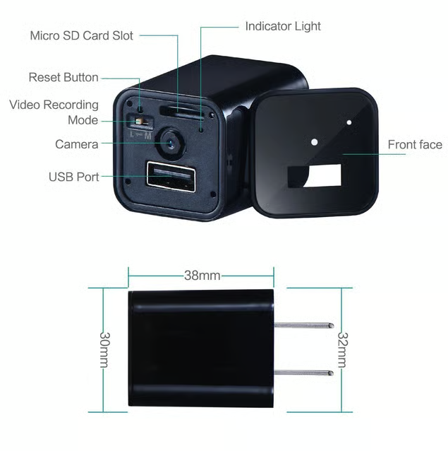 Black Mini Hidden Spy Security Camera device with labeled parts and dimensions on a white background