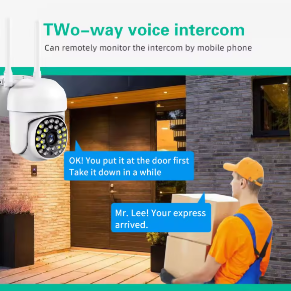 Two-way voice intercom system with a 4k wifi panorama camera on a building exterior and a delivery person with a package.