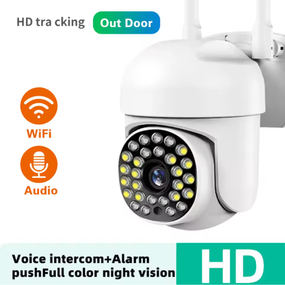 Outdoor cctv surveillance cameras with HD, WiFi, and audio features on a white background