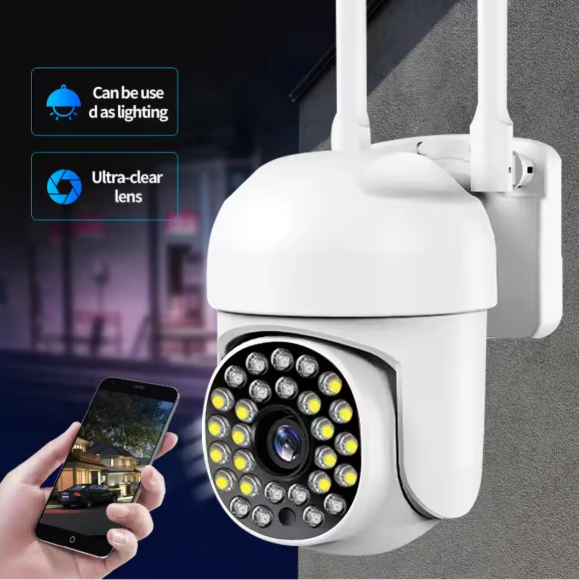 White PTZ IP66 cctv surveillance cameras with smartphone app interface on a dark background