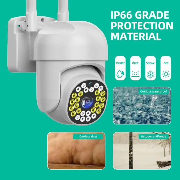 Outdoor security camera with IP66 protection rating on a teal background
