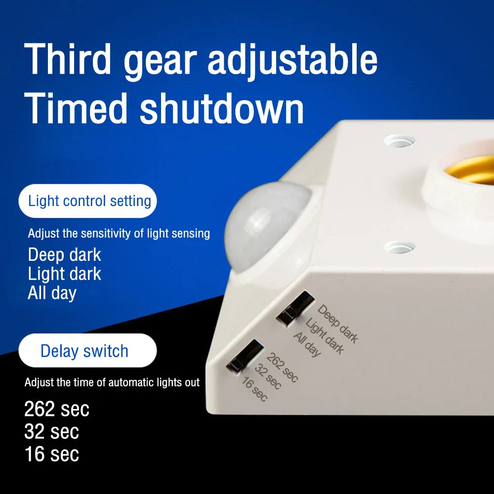 Infrared motion sensor light with adjustable settings on a blue background